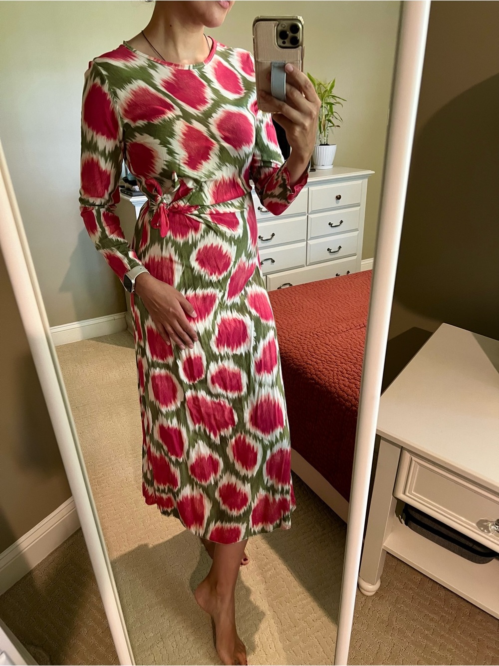 Women’s Pink & Green Long Sleeve Printed Midi Dress